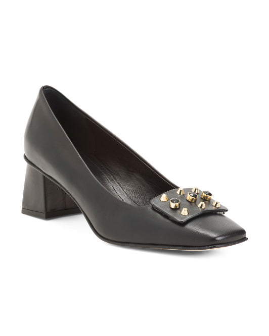 Made In Italy Leather Studded Square Toe Heels