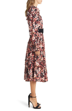 RACHEL PARCELL Floral Print Ruffle Long Sleeve Belted Tiered Midi Dress