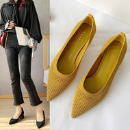 4 cm Women Knit Fabric Pumps Fashion V Mouth Stretchy Med Square Gold Heels Pointy Toe Slip On Office Shoes Autumn