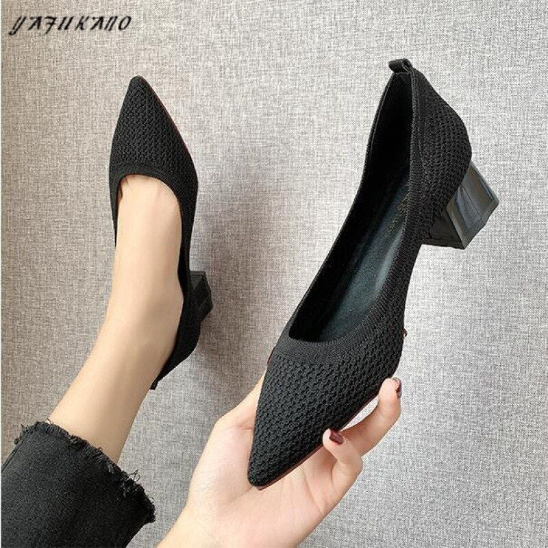 4 cm Women Knit Fabric Pumps Fashion V Mouth Stretchy Med Square Gold Heels Pointy Toe Slip On Office Shoes Autumn