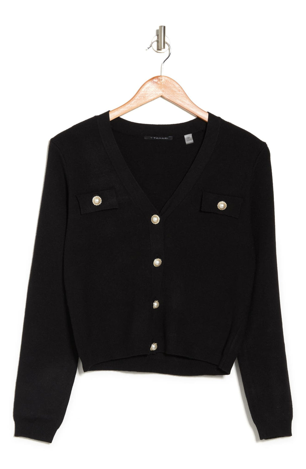 T TAHARI Cardigan with Faux Pearl Buttons, Alternate, color, BLACK