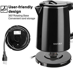 Secura Stainless Steel Double Wall Electric Kettle Water Heater for Tea Coffee w/Auto Shut-Off and Boil-Dry Protection, 1.0L (Black)