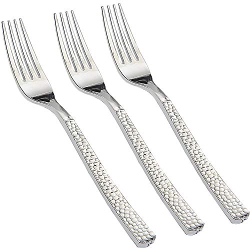 Supernal 300pcs Silver Plastic Forks,Premium Disposable Forks Polished,Special Hammered Design,Perfect for Big Party,Wedding and Any Catering Events,Perfect for Birthday,Party,Wedding