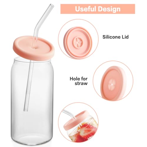 HOMBERKING Glass Cups with Silicone Lids 8pcs Set, 20oz Can Shaped Glass Cups with Straws, Beer Glasses, Iced Coffee Cups, Cute Tumbler Cup with Cleaning Brushes, Ideal for Cocktail, Tea, Gift, Pink