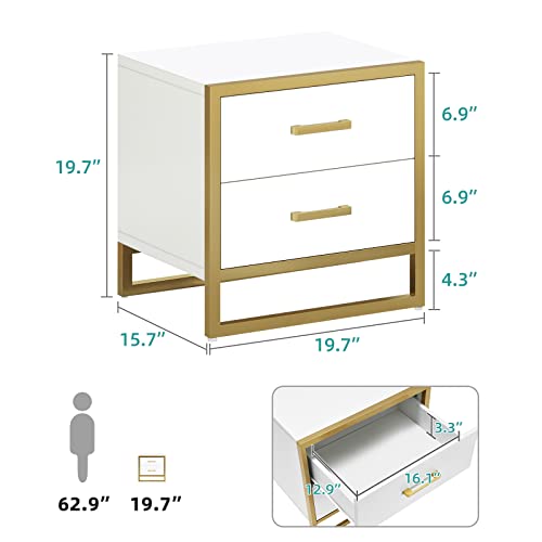 YITAHOME Nightstand with 2 Drawers, Small End Side Table with Storage, Modern Bedside Bed Table with Metal Frame for Small Space, Bedroom and Living Room, White