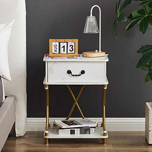 VECELO White and Gold Nightstands Set of 2 with Drawer for Bedroom, Endtable Bedside Table with Storage & Open Shelf for Living Room, Modern Style