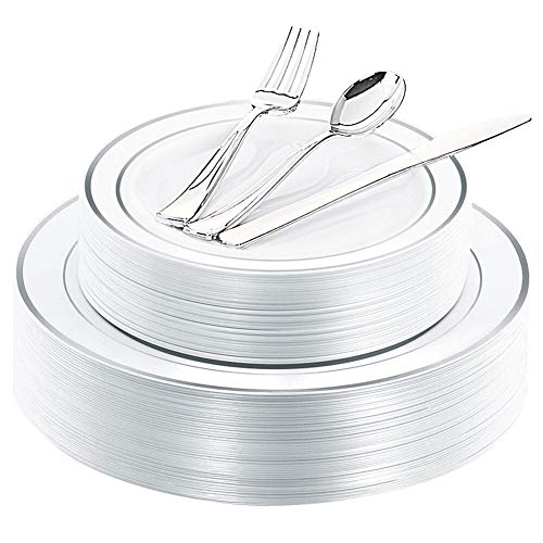 WDF 40Guest Silver Plastic Plates with Silver Silverware - White Plastic Plates with Silver Rim, Dinnerware Sets Include 40 Dinner Plates, 40 Salad Plates,40 Forks, 40 Knives, 40 Spoons