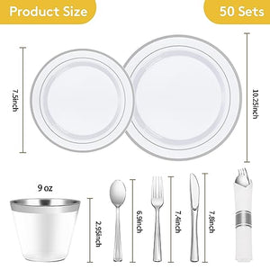 350 Piece Silver Plastic Dinnerware Set for 50 Guests, Fancy Disposable Plates for Party, Include: 50 Dinner Plates, 50 Dessert Plates, 50 Pre Rolled Napkins with Silver Silverware, 50 Cups