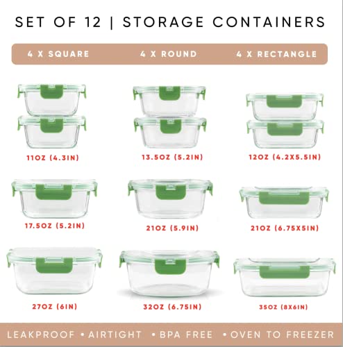 JoyJolt JoyFul 24pc Borosilicate Glass Storage Containers with Lids. 12 Airtight, Freezer Safe Food Storage Containers, Pantry Kitchen Storage Containers, Glass Meal Prep Container for Lunch