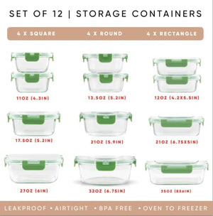 JoyJolt JoyFul 24pc Borosilicate Glass Storage Containers with Lids. 12 Airtight, Freezer Safe Food Storage Containers, Pantry Kitchen Storage Containers, Glass Meal Prep Container for Lunch