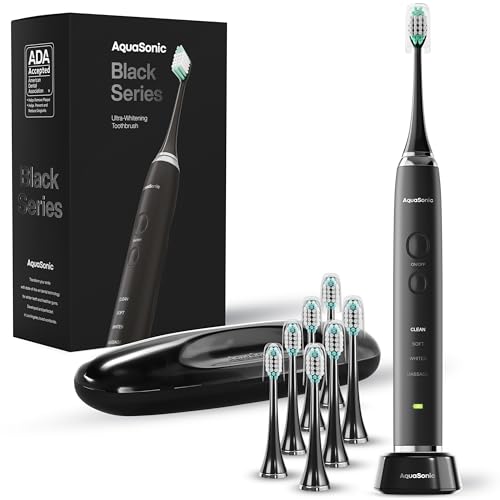 Aquasonic Black Series Ultra Whitening Toothbrush – ADA Accepted Power Toothbrush - 8 Brush Heads & Travel Case – 40,000 VPM Electric Motor & Wireless Charging - 4 Modes w Smart Timer