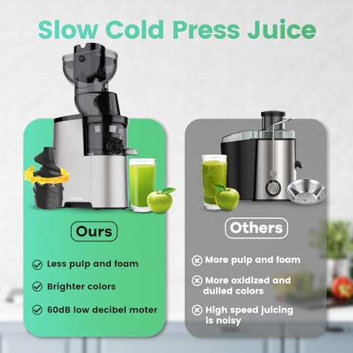 Masticating Juicer Machines, 3.5-inch (88mm) Powerful Slow Cold Press Juicer with Large Feed Chute, Electric Masticating Juicers for Vegetables and Fruits, Easy to Clean with Brush