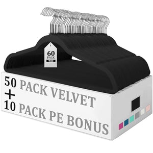 Premium Velvet Hangers 50 Pack with 10 Plastic Hangers, Heavy Duty Study Black Hangers for Coats, Pants Dress,Non Slip Clothes Hanger Set,Space Saving Felt Hangers for Clothing