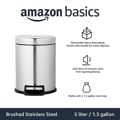 Amazon Basics Round Cylindrical Soft-Close Small Trash Can With Foot Pedal, 5 Liter/1.3 Gallon, Brushed Stainless Steel