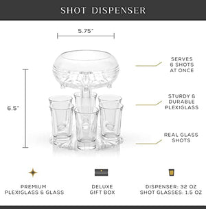 JoyJolt 6 Shot Glass Dispenser and Glass Shot Glasses Set. 32oz Liquor Dispenser for Home Bar Accessories, Party Supplies, Halloween Shots Drink Dispenser for Parties, Fancy Alcohol Dispenser.