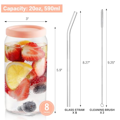 HOMBERKING Glass Cups with Silicone Lids 8pcs Set, 20oz Can Shaped Glass Cups with Straws, Beer Glasses, Iced Coffee Cups, Cute Tumbler Cup with Cleaning Brushes, Ideal for Cocktail, Tea, Gift, Pink