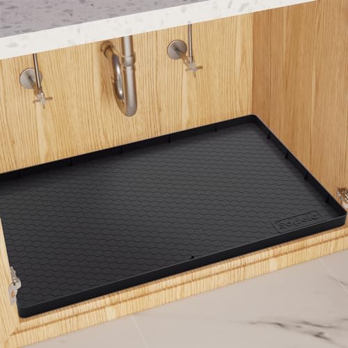 Under Kitchen Sink Mats and Protectors 31x22 Under Sink Drip Tray Kitchen Cabinet Liner Holds Over 2.2 Gallons for Kitchen Bathroom Pet Mat(Black)