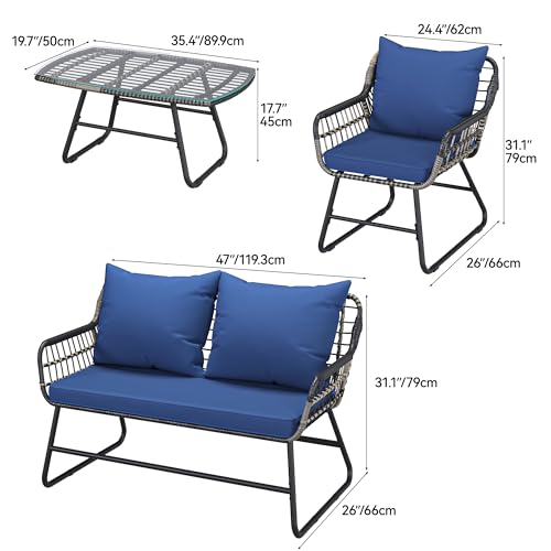 YITAHOME 4-Piece Patio Furniture Wicker Outdoor Bistro Set, All-Weather Rattan Conversation Loveseat Chairs for Backyard, Balcony and Deck with Soft Cushions and Metal Table (Navy Blue)