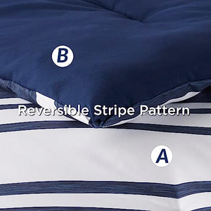 Bedsure Sheets Queen Size Bed Set 7 Pieces, Navy & White Striped Bedding Sets All Season Bed in a Bag, 1 Comforter, 1 Flat Sheet, 1 Fitted Sheet, 2 Pillowcases & 2 Shams