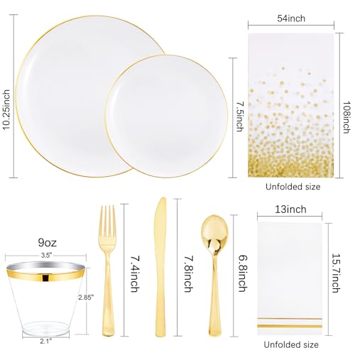 176Pcs White and Gold Plastic Plates - White Plastic Plates with Gold Rim 25Guest include 25Dinner Plates 25Dessert Plates 25Cups 25 Cutlery 25Napkins 1Tablecloth for Party&Weeding&Christmas