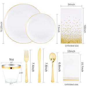 176Pcs White and Gold Plastic Plates - White Plastic Plates with Gold Rim 25Guest include 25Dinner Plates 25Dessert Plates 25Cups 25 Cutlery 25Napkins 1Tablecloth for Party&Weeding&Christmas