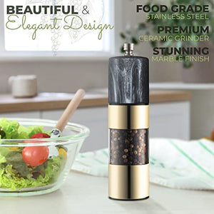 Peppermate Pepper Grinder - Easily Refillable Stainless Steel Pepper Mill Grinder with Real Marble Finish Top, Ceramic Blades, Adjustable Coarsness, (Dark)