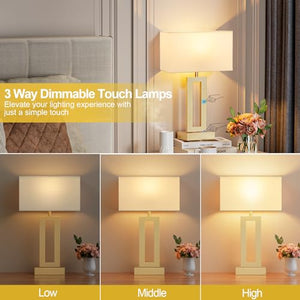 Bedroom Table Lamps Set of 2 - Touch Bedside Lamps with USB C+A, 3 Way Dimmable Gold Lamp for Nightstand, Modern Night Stands Lamps for Living Room End Tables Desk Bed Side Study Room(19.6in)