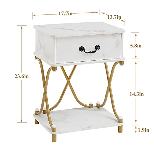 VECELO White and Gold Nightstands Set of 2 with Drawer for Bedroom, Endtable Bedside Table with Storage & Open Shelf for Living Room, Modern Style