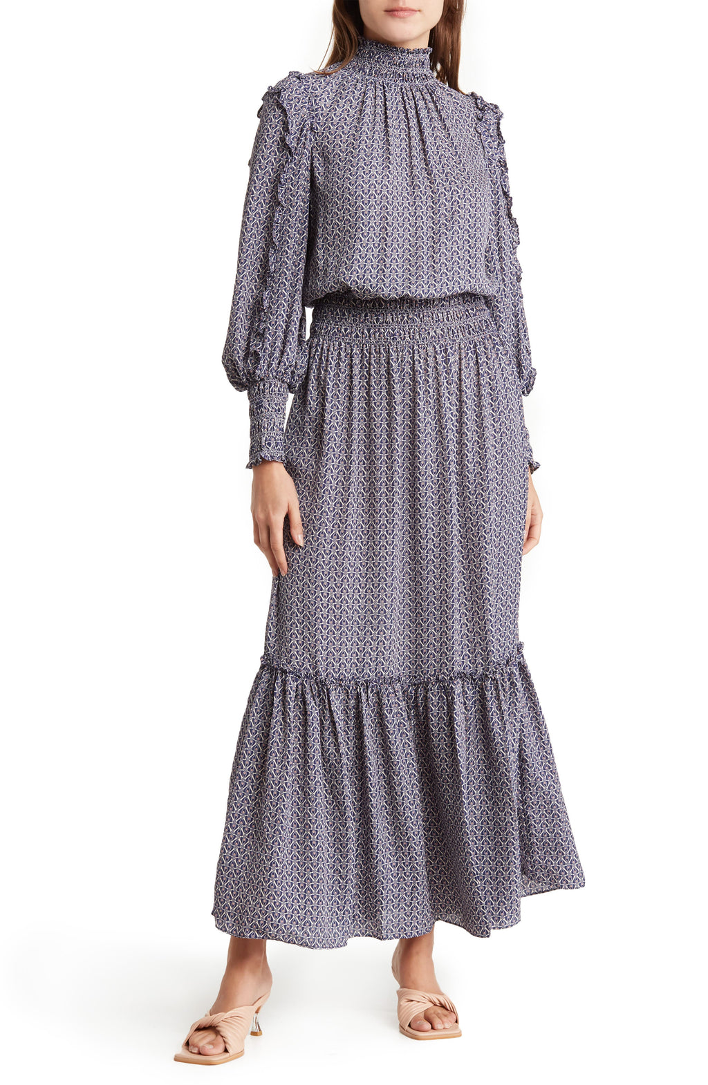 MAX STUDIO Mock Neck Smocked Printed Maxi Dress, Main, color, CREAM/ INDIGO HEART LOCKS