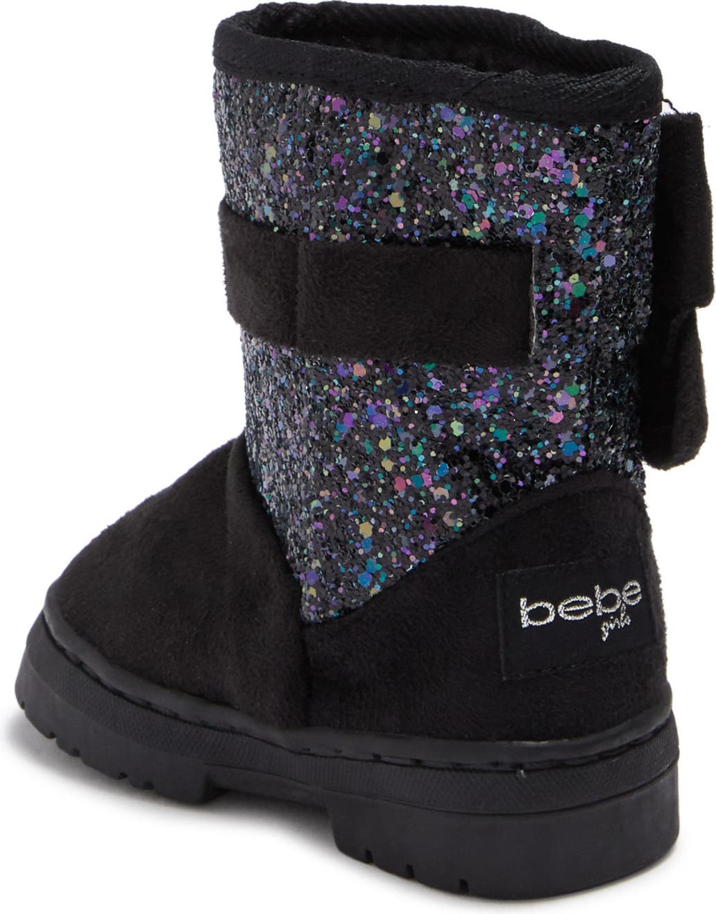 BEBE Glitter Bow Faux Fur Lined Winter Boot, Alternate, color, BLK