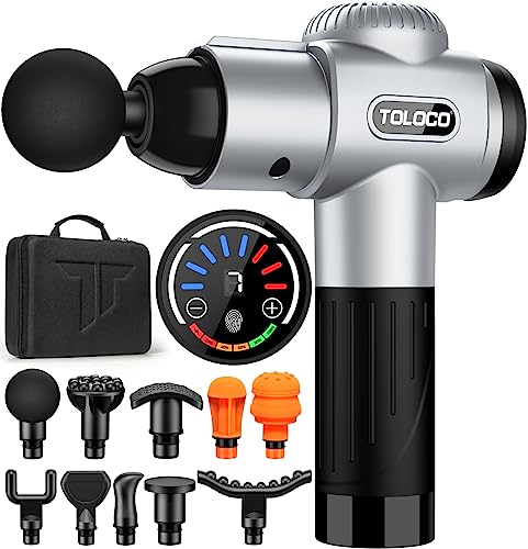 TOLOCO Massage Gun, Muscle Massage Gun Deep Tissue for Athletes with 10 Massage Heads, Electric Percussion Massager for Any Pain Relief, Silver