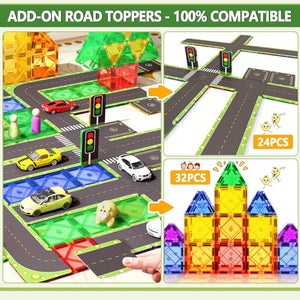 56PCS Magnetic Tiles Road Toppers Set Building Toys for 3 Year Old Boys and Girls Playing with Car Toys Preschool Learning Activities Gift for 3 4 5 6 Year Old Toddlers Kids