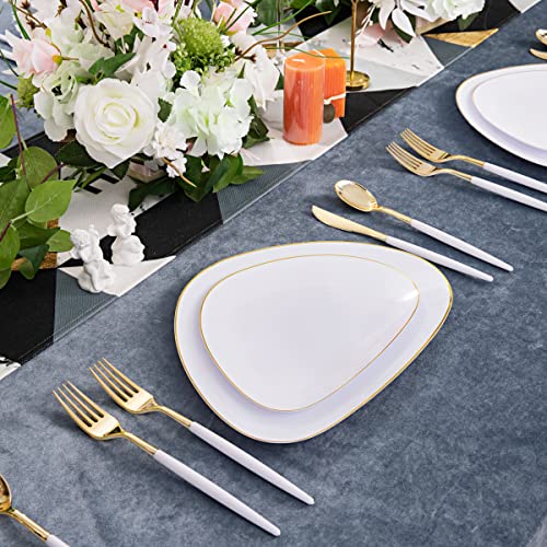 supernal 60pcs White Gold Plastic Plates,Gold Plastic Dinnerware Plates,Triangular Gold Plates,includes 30 Gold Plates and 30 Dessert Plates for Wedding and Parties