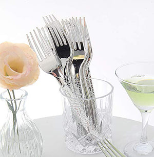 Supernal 300pcs Silver Plastic Forks,Premium Disposable Forks Polished,Special Hammered Design,Perfect for Big Party,Wedding and Any Catering Events,Perfect for Birthday,Party,Wedding