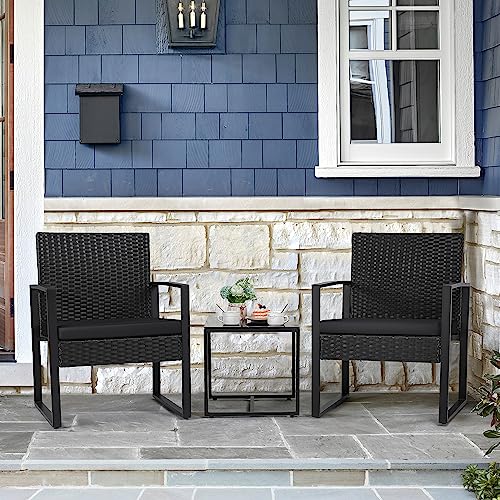 Flamaker 3 Pieces Patio Set Outdoor Wicker Furniture Sets Modern Rattan Chair Conversation Sets with Coffee Table for Yard and Bistro (Black)