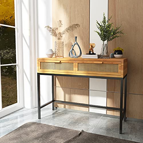 COZAYH Rustic Console Table with 2 Drawers Entryway Hallway Farmhouse Country Style, Cabin-Inspired Natural Finish (Natural Brown)