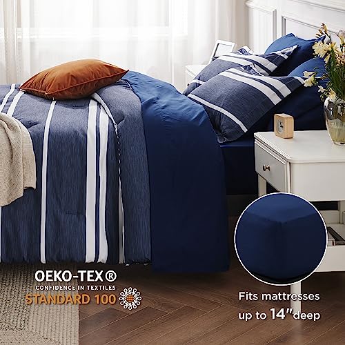 Bedsure Sheets Queen Size Bed Set 7 Pieces, Navy & White Striped Bedding Sets All Season Bed in a Bag, 1 Comforter, 1 Flat Sheet, 1 Fitted Sheet, 2 Pillowcases & 2 Shams