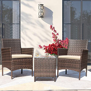 Greesum 3 Pieces Patio Furniture Sets Outdoor PE Rattan Wicker Chairs with Soft Cushion and Glass Coffee Table for Garden Backyard Porch Poolside, Brown and Beige