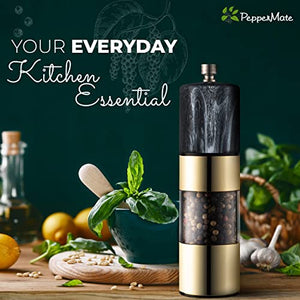 Peppermate Pepper Grinder - Easily Refillable Stainless Steel Pepper Mill Grinder with Real Marble Finish Top, Ceramic Blades, Adjustable Coarsness, (Dark)