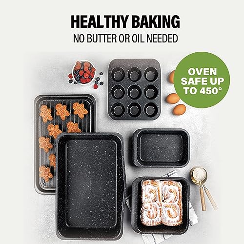 Granitestone Black 6 Pc Stackable Nonstick Bakeware Set With Oven Pans, Baking Sheet, Wire Rack - Complete Kitchen Baking Set, Oven/Dishwasher Safe, 100% Non Toxic…