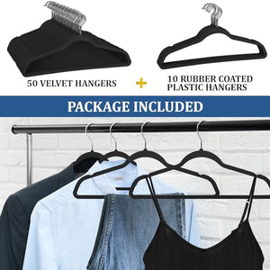 Premium Velvet Hangers 50 Pack with 10 Plastic Hangers, Heavy Duty Study Black Hangers for Coats, Pants Dress,Non Slip Clothes Hanger Set,Space Saving Felt Hangers for Clothing