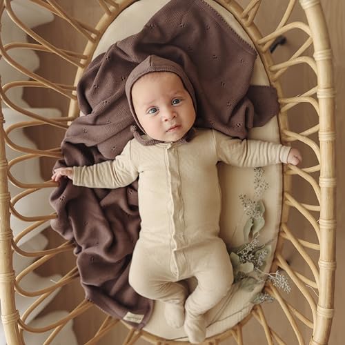 Bleu La La Organic Unisex Pointelle Receiving Swaddle Blanket for Boys & Girls - 100% Luxury Organic Soft Cotton Knit Warm Cozy Cuddle Stroller Crib Blanket for Newborns Infants & Toddlers (Mocha)