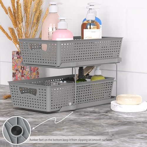 SimpleHouseware 2 Tier Bathroom Organizer Tray Pull-Out Sliding Drawer/Under-Sink Storage, Grey