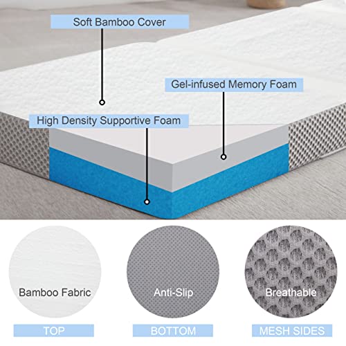 Kingfun Folding Mattress, 3 inch Tri-fold Memory Foam Mattress Topper with Washable Cover,Folding Mattress CertiPUR-US Certified, Play Mat, Foldable Bed, Guest beds, Camp Portable Bed，Single