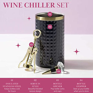 Paris Hilton Wine Bottle Chiller Set, Insulated Double Wall Chiller, Gold Winged Corkscrew Wine Bottle Opener, Diamond Wine Stopper, 3-Piece Set, Charcoal Gray