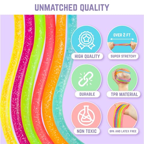 BUNMO Glitter Stretchy Strings 6pk | Perfect Sensory Toys for Anxiety & Stress | Calming Monkey Stretch Noodles | Focus & Stimulation | Easter Gifts for Kids | Easter Basket Stuffers for Girls