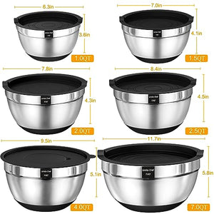 Umite Chef Mixing Bowls with Airtight Lids, 26Pcs Stainless Steel Bowls Set, 3 Grater Attachments & Black Non-Slip Bottoms Size 7, 4, 2.5, 2.0,1.5, 1QT, Great for Mixing & Serving