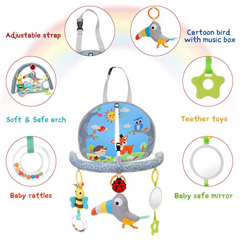 FPVERA Infant Car Seat Toys for Babies 0-6 Months: Travel Baby Toy for Rear Car Seat, Adjustable Mobile Activity Arch with Music, Sensory Hanging Toy Fits Safety Car Seats, Crib, Stroller