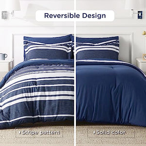 Bedsure Sheets Queen Size Bed Set 7 Pieces, Navy & White Striped Bedding Sets All Season Bed in a Bag, 1 Comforter, 1 Flat Sheet, 1 Fitted Sheet, 2 Pillowcases & 2 Shams