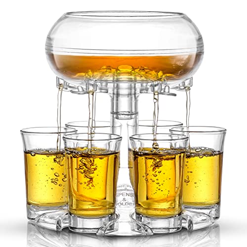 JoyJolt 6 Shot Glass Dispenser and Glass Shot Glasses Set. 32oz Liquor Dispenser for Home Bar Accessories, Party Supplies, Halloween Shots Drink Dispenser for Parties, Fancy Alcohol Dispenser.